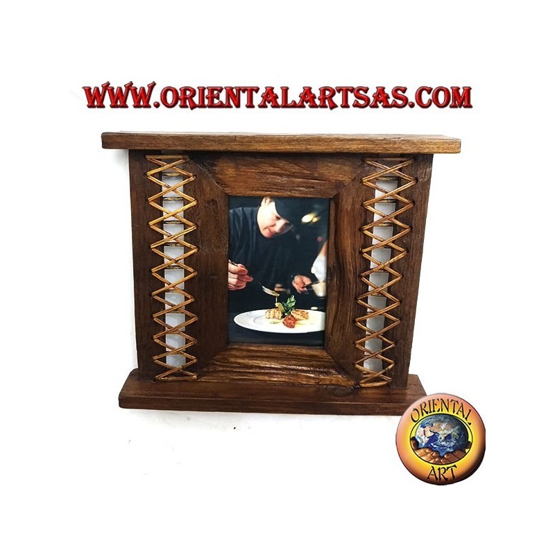 Antique teak wood photo frame with bark woven on the sides of 28x24 cm