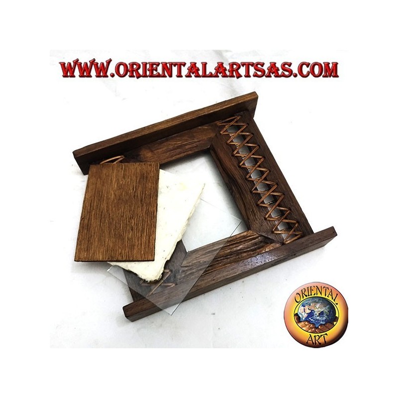 Antique teak wood photo frame with bark woven on the sides of 28x24 cm