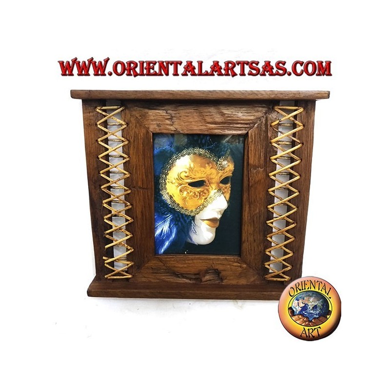 Cornice portafoto in legno di teak antico con corteccia intrecciata sui lati da 31x27 cm