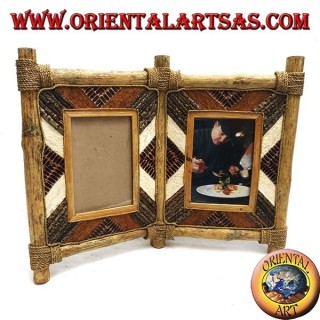 Double photo frame in coffee wood with bark decorations and natural elements 33 x 42 cm