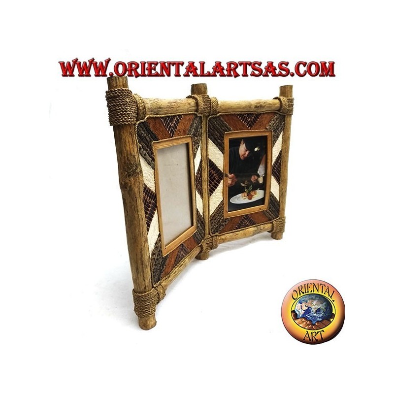 Double photo frame in coffee wood with bark decorations and natural elements 33 x 42 cm
