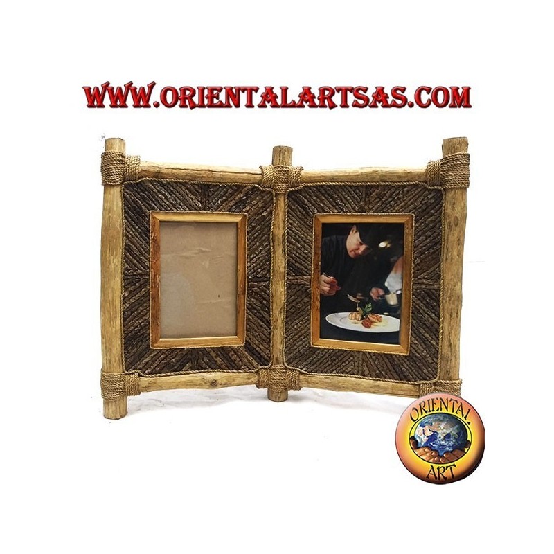 Double photo frame in coffee wood and decorations in bark sticks 33 x 42 cm