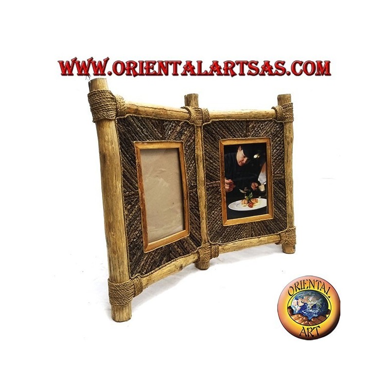 Cadre photo double en bois de café et décorations en bâtonnets d'écorce 33 x 42 cm