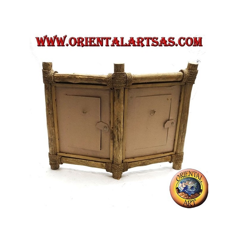 Double photo frame in coffee wood and decorations in bark sticks 33 x 42 cm