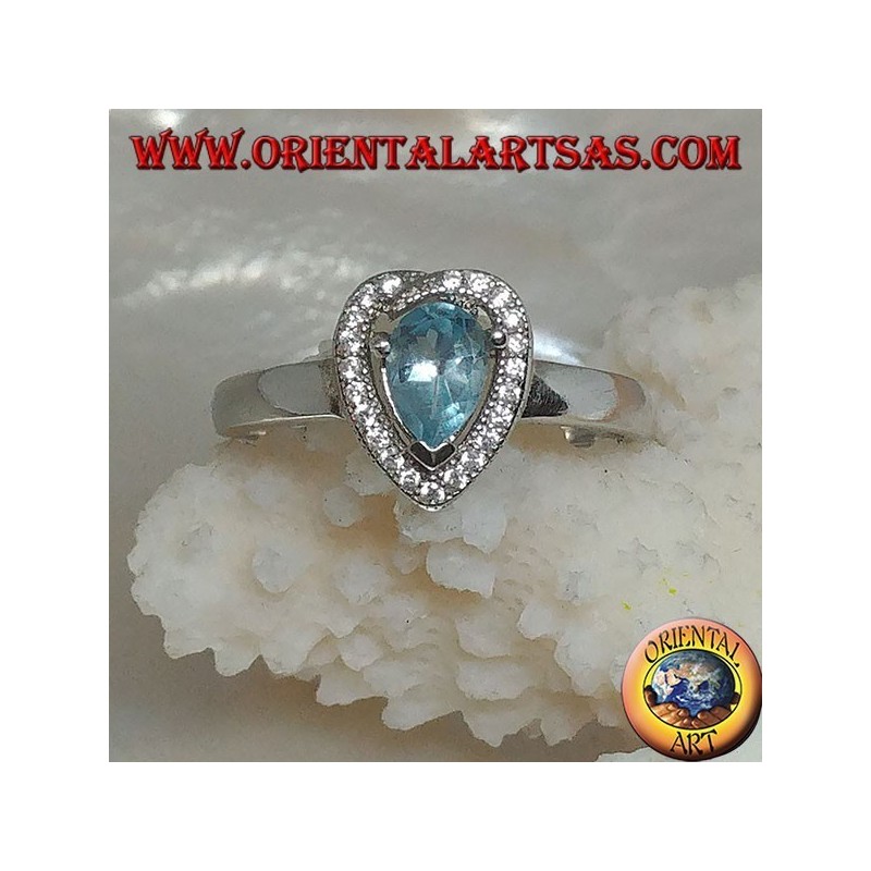 Bague en argent avec topaze goutte bleue naturelle sertie de zircons