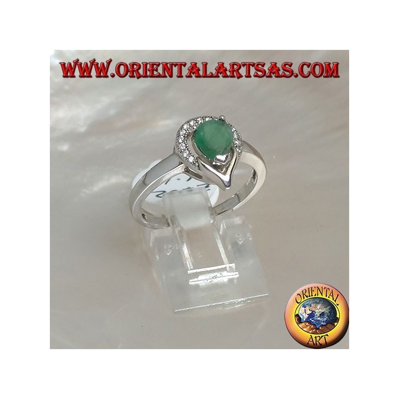 Silver ring with natural drop emerald surrounded by a semicircle of zircons