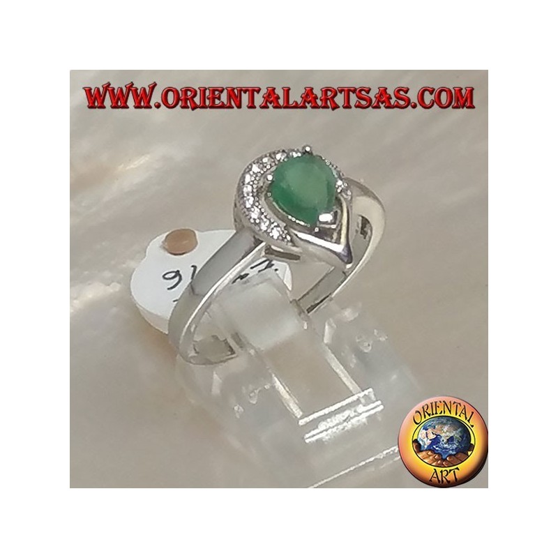 Silver ring with natural drop emerald surrounded by a semicircle of zircons