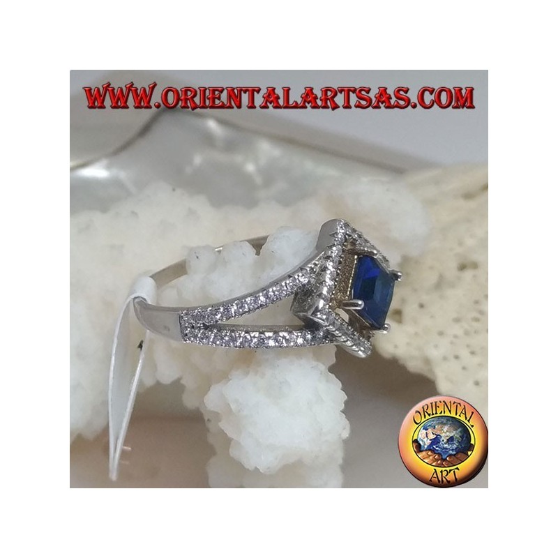 Two-row silver ring of cubic zirconia with rhomboid square synthetic sapphire surrounded by cubic zirconia