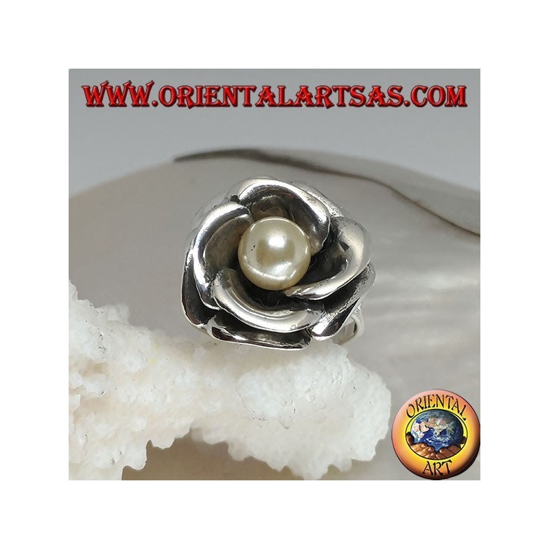 Silver ring with large rose and central freshwater pearl