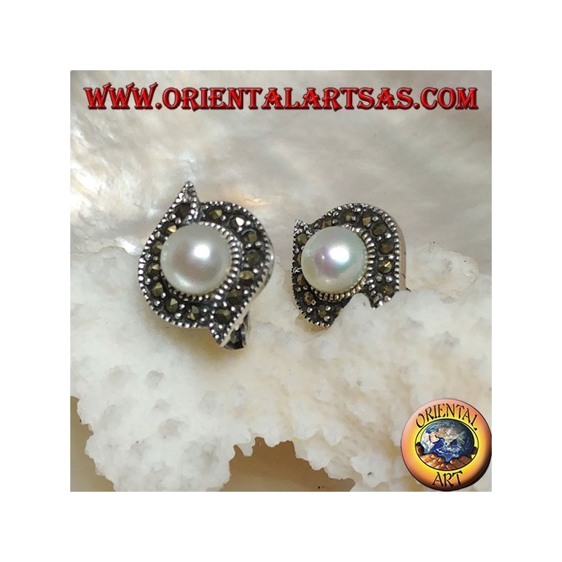 Lever-lock silver earrings with freshwater pearl surrounded by a line of marcasite