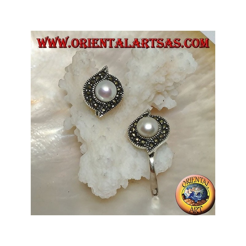 Lever-lock silver earrings with freshwater pearl surrounded by a line of marcasite