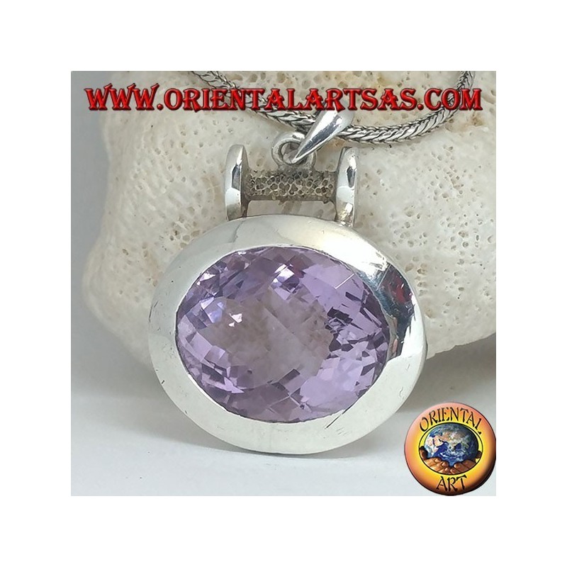 Silver pendant with a splendid large faceted oval natural amethyst on a smooth horizontal setting