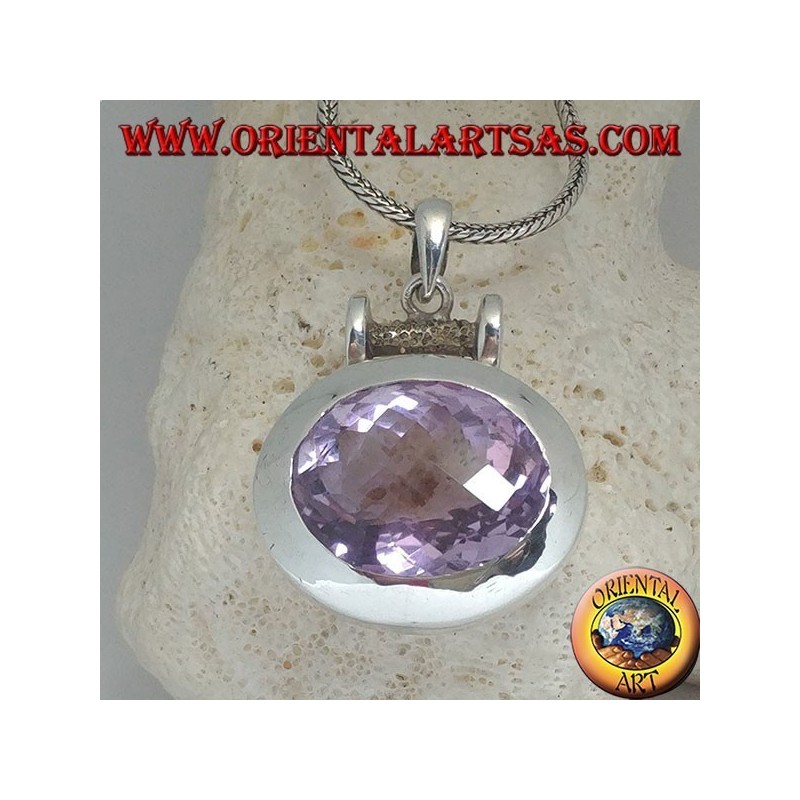 Silver pendant with a splendid large faceted oval natural amethyst on a smooth horizontal setting