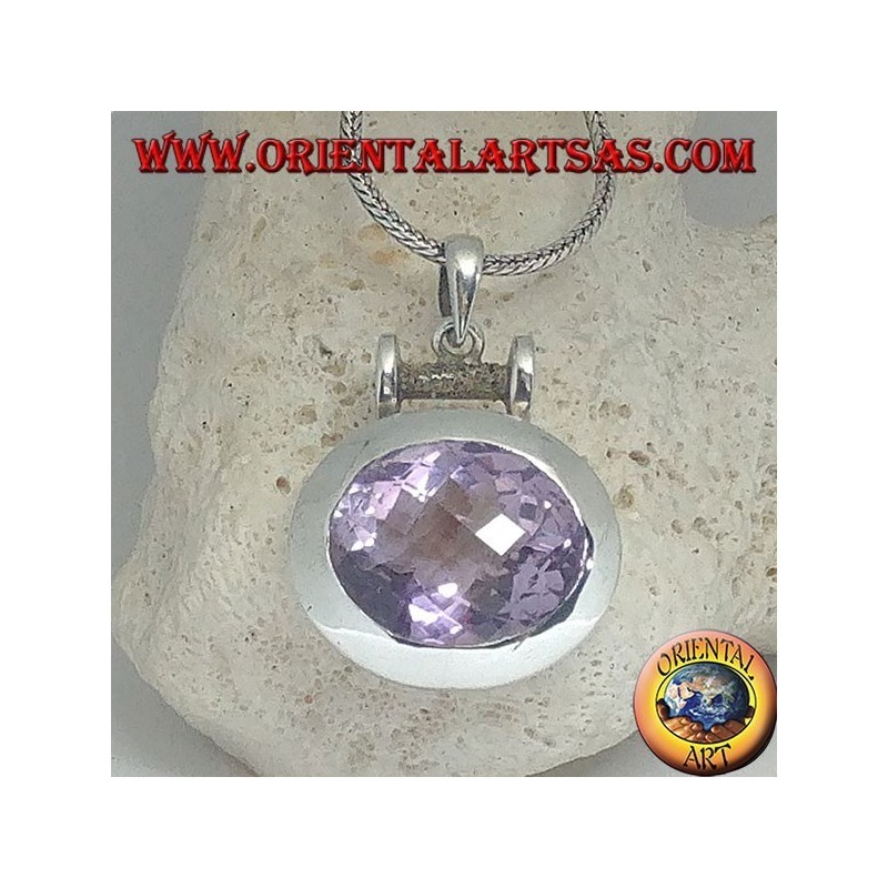 Silberanhänger mit einem prächtigen großen facettierten ovalen natürlichen Amethyst auf einer glatten horizontalen Einstellung