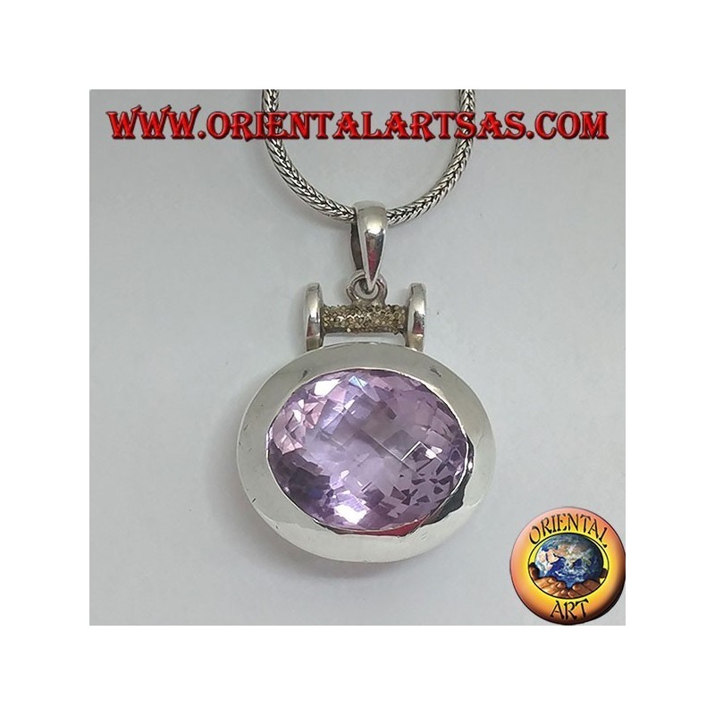 Silberanhänger mit einem prächtigen großen facettierten ovalen natürlichen Amethyst auf einer glatten horizontalen Einstellung