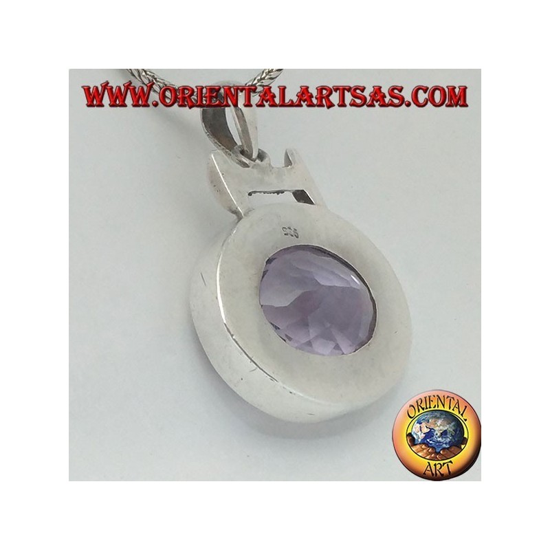 Silver pendant with a splendid large faceted oval natural amethyst on a smooth horizontal setting