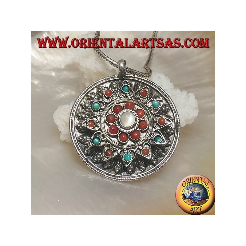 Colgante de caja de medallón de plata con tapa de flores con coral antiguo y turquesa y piedra lunar central