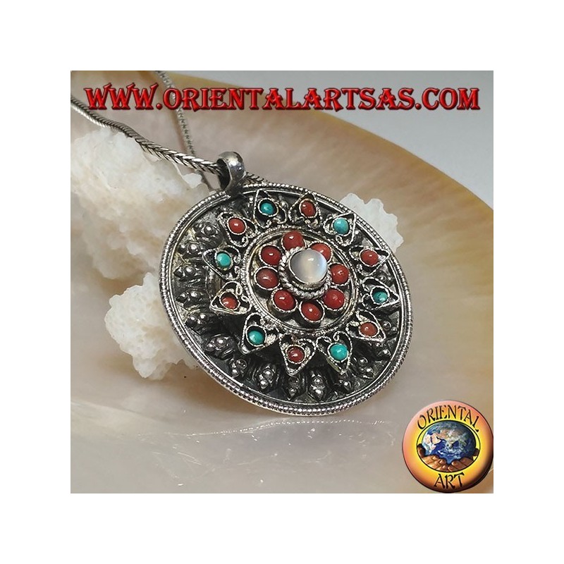 Colgante de caja de medallón de plata con tapa de flores con coral antiguo y turquesa y piedra lunar central