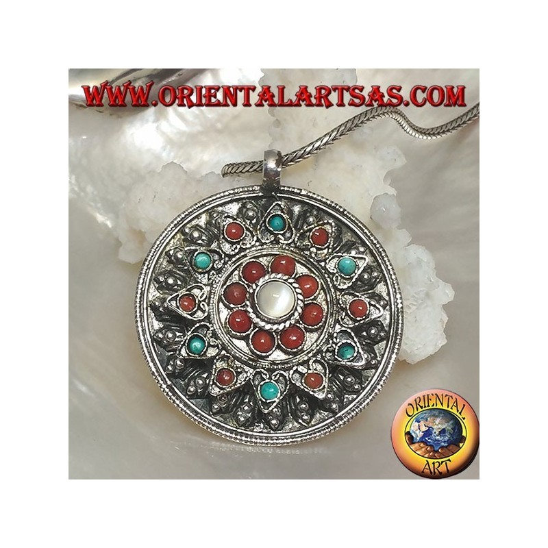 Colgante de caja de medallón de plata con tapa de flores con coral antiguo y turquesa y piedra lunar central