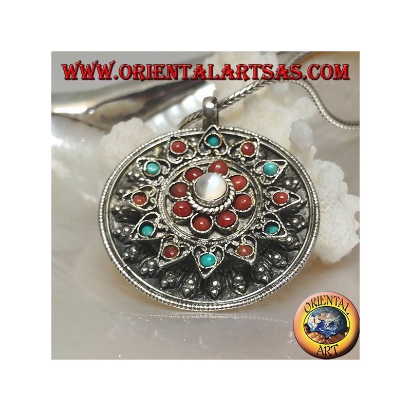 Silver medallion box pendant with flower lid with ancient coral and turquoise and central moonstone