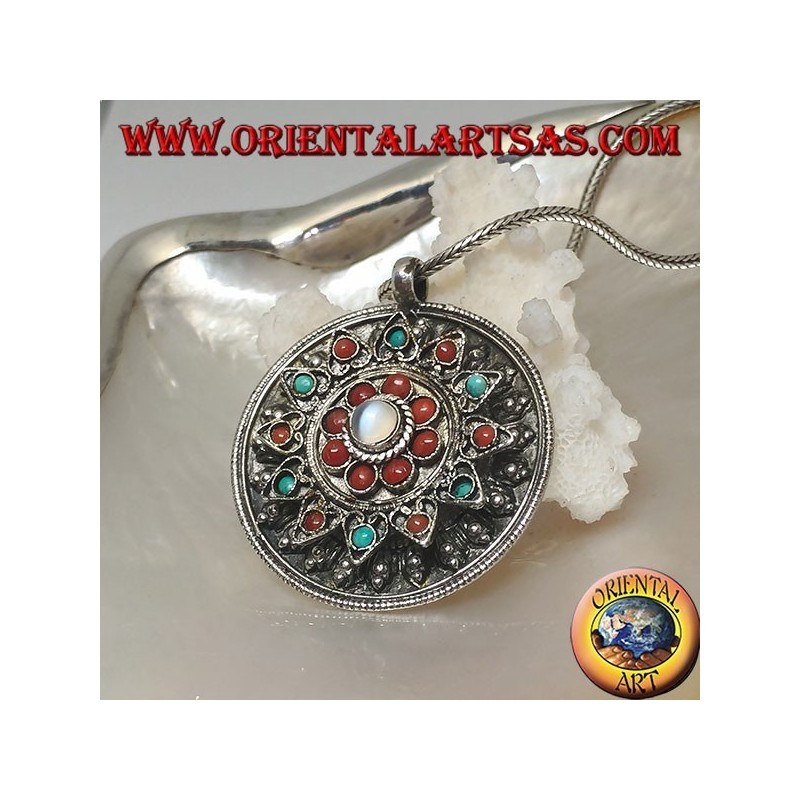 Silver medallion box pendant with flower lid with ancient coral and turquoise and central moonstone