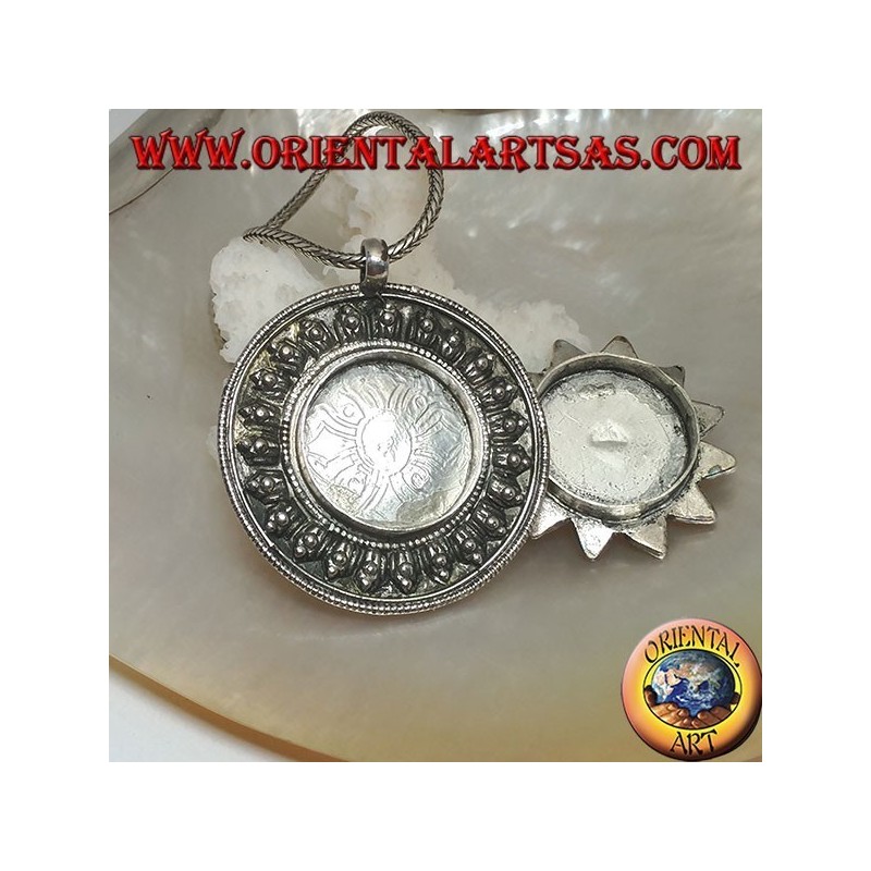 Silver medallion box pendant with flower lid with ancient coral and turquoise and central moonstone