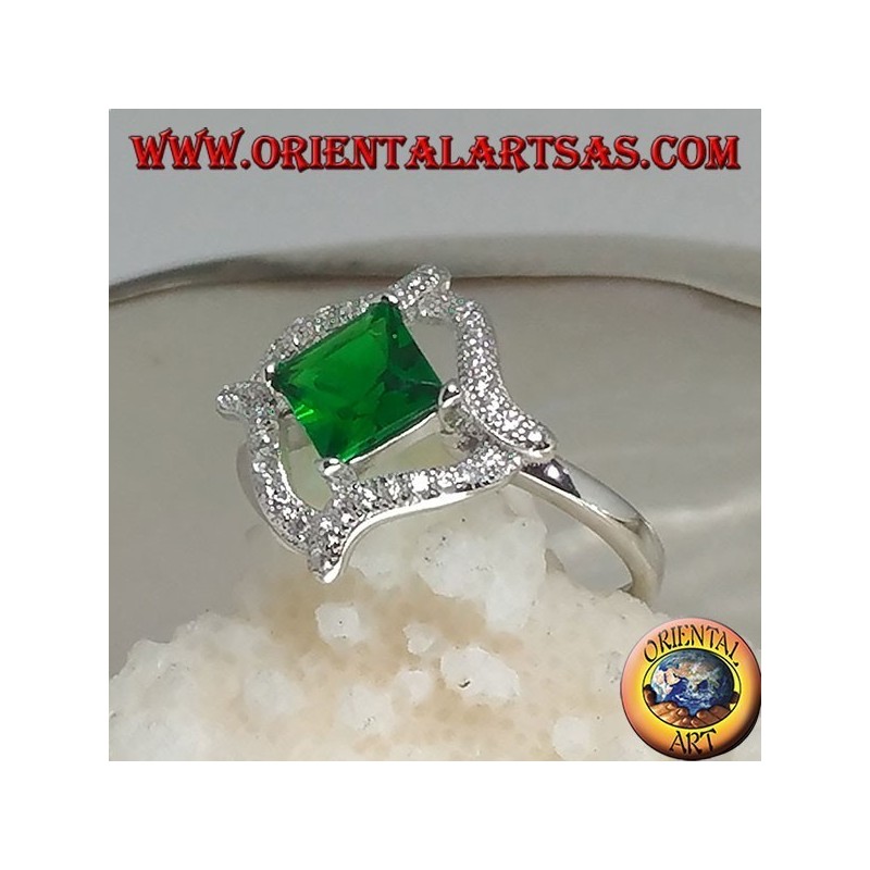 Silver ring with rhombic square synthetic emerald and r4 wavy lines of cubic zirconia around