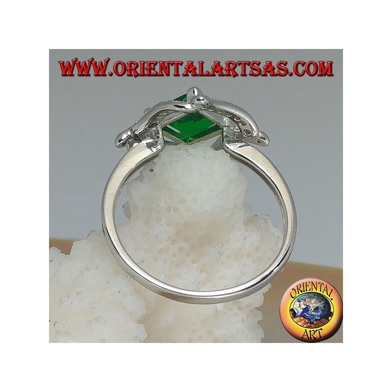Silver ring with rhombic square synthetic emerald and r4 wavy lines of cubic zirconia around