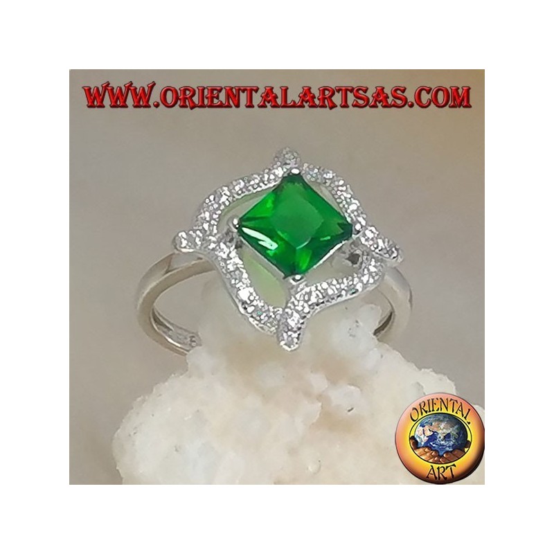 Silver ring with rhombic square synthetic emerald and r4 wavy lines of cubic zirconia around