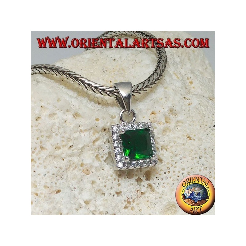 Silver pendant with square synthetic emerald surrounded by zircons