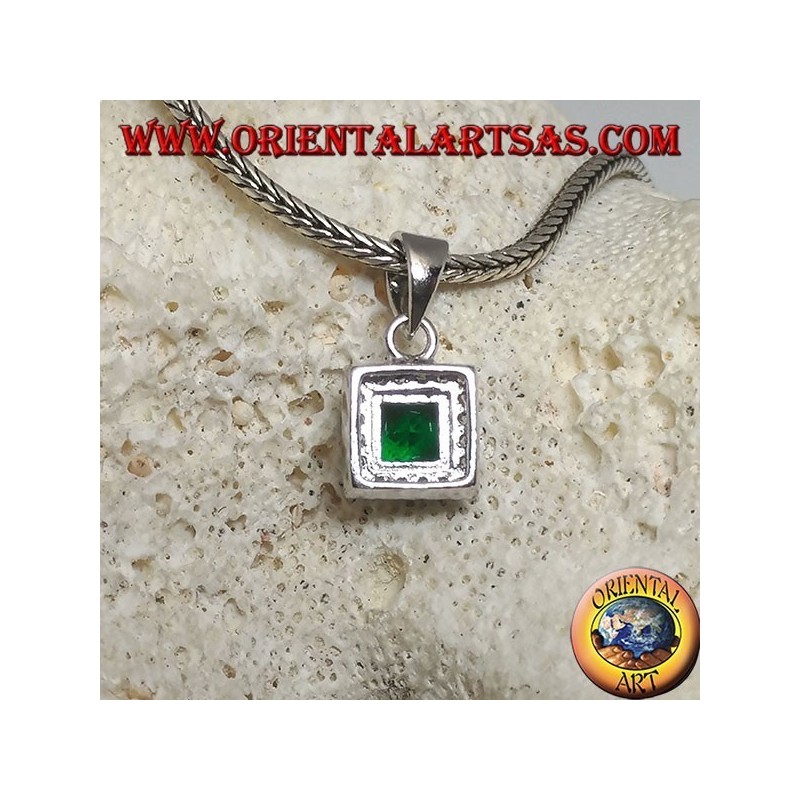 Silver pendant with square synthetic emerald surrounded by zircons