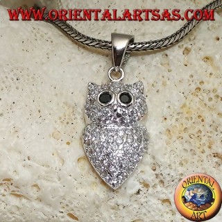 Silver pendant in the shape of an owl studded with white zircons and black zircon eyes