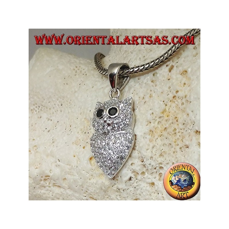 Silver pendant in the shape of an owl studded with white zircons and black zircon eyes