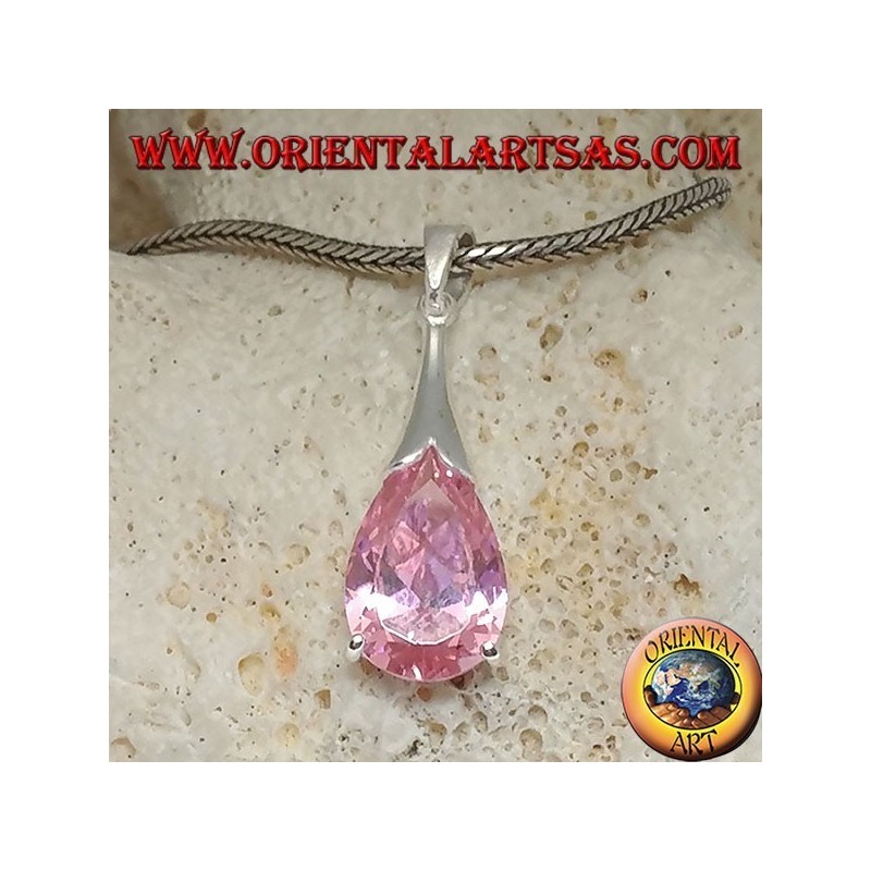 Silver drop pendant with pink zircon