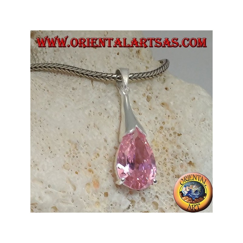 Ciondolo in argento a goccia con zircone rosa