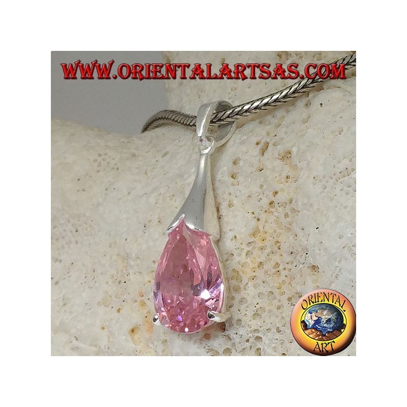 Pendentif goutte en argent avec zircon rose