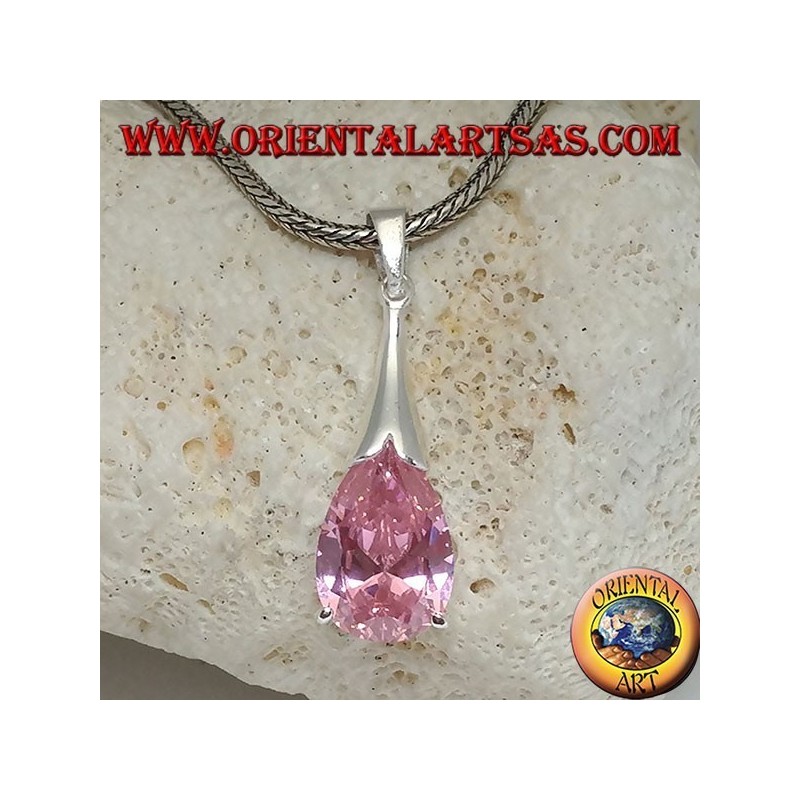Ciondolo in argento a goccia con zircone rosa