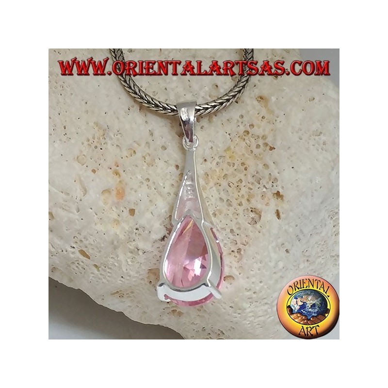 Ciondolo in argento a goccia con zircone rosa