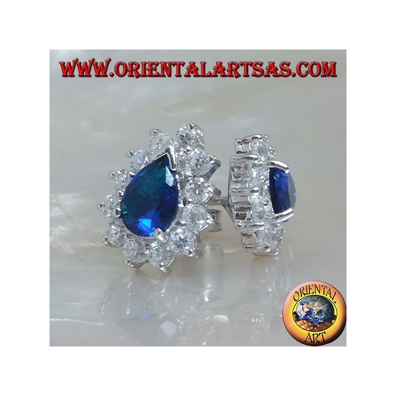 Boucles d'oreilles lobe en argent avec saphir synthétique en forme de larme entouré de zircons