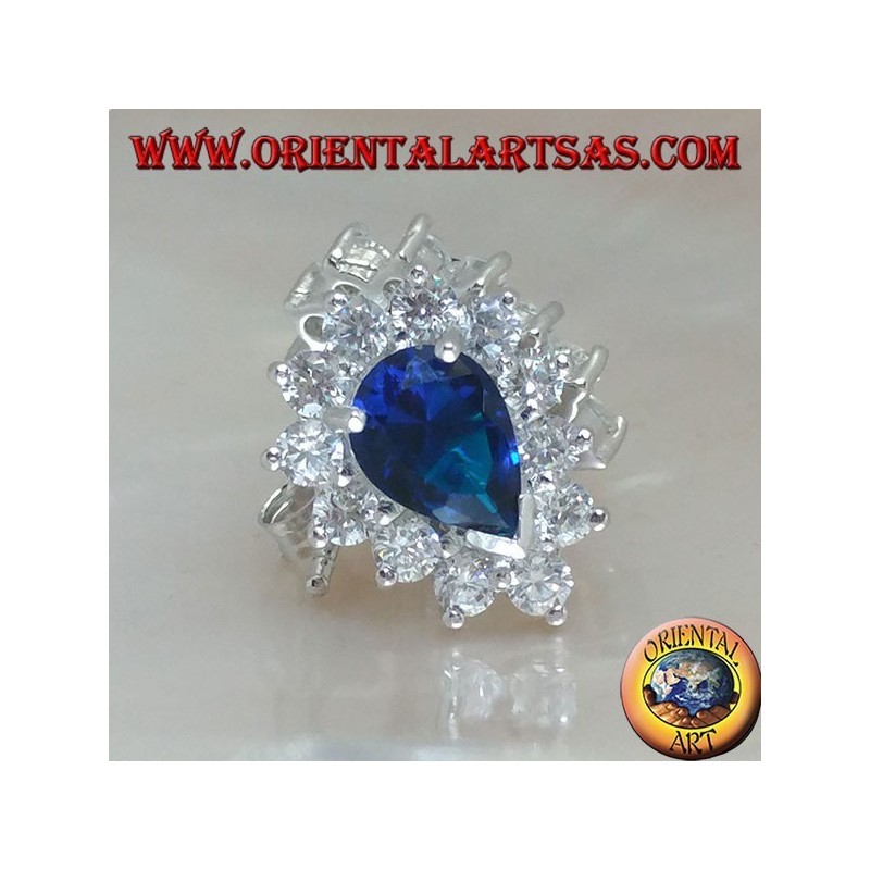 Silver lobe earrings with synthetic teardrop sapphire surrounded by zircons