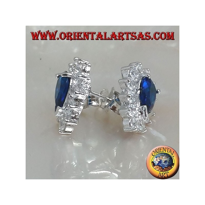 Boucles d'oreilles lobe en argent avec saphir synthétique en forme de larme entouré de zircons