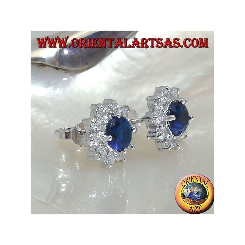 Boucles d'oreilles lobe en argent avec saphir synthétique rond serti de zircons