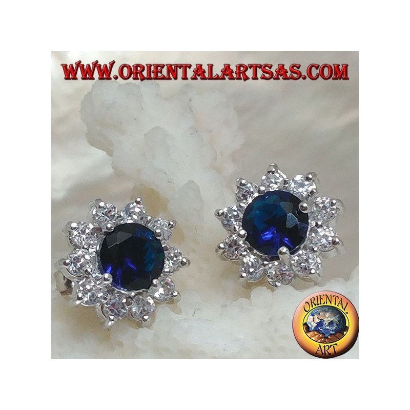 Boucles d'oreilles lobe en argent avec saphir synthétique rond serti de zircons