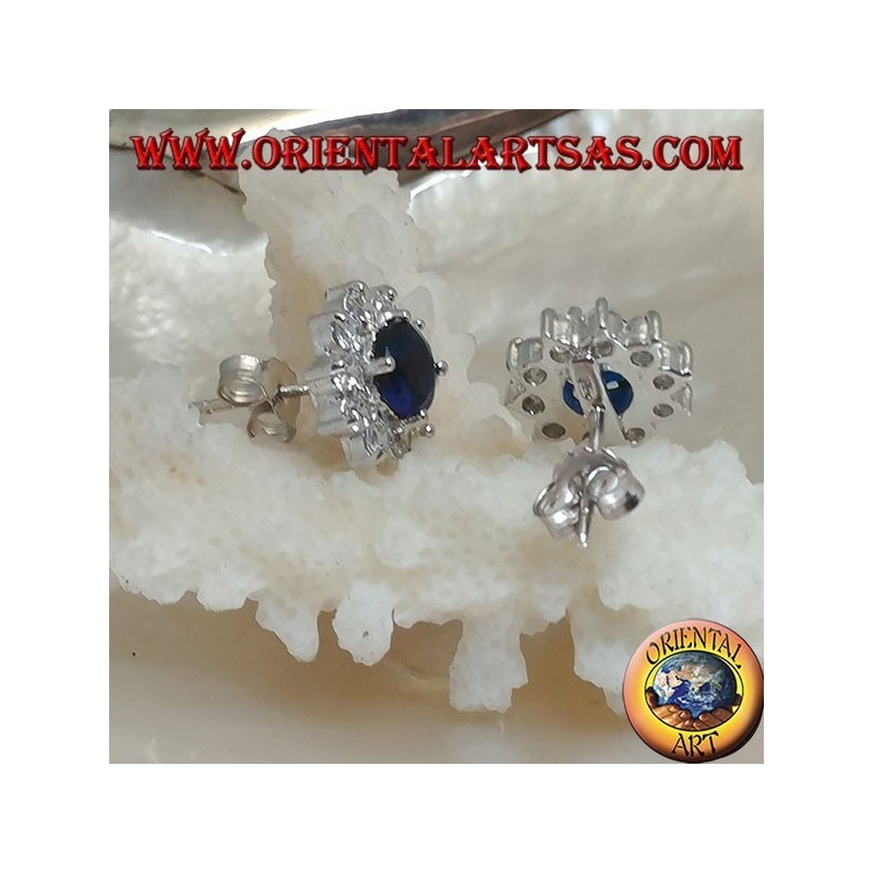 Boucles d'oreilles lobe en argent avec saphir synthétique rond serti de zircons