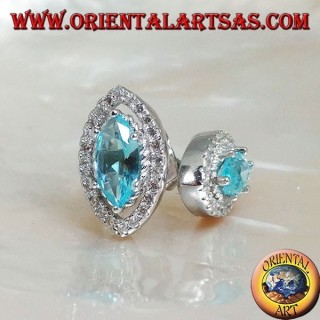 Lobe shuttle silver earrings with natural blue topaz set surrounded by zircons