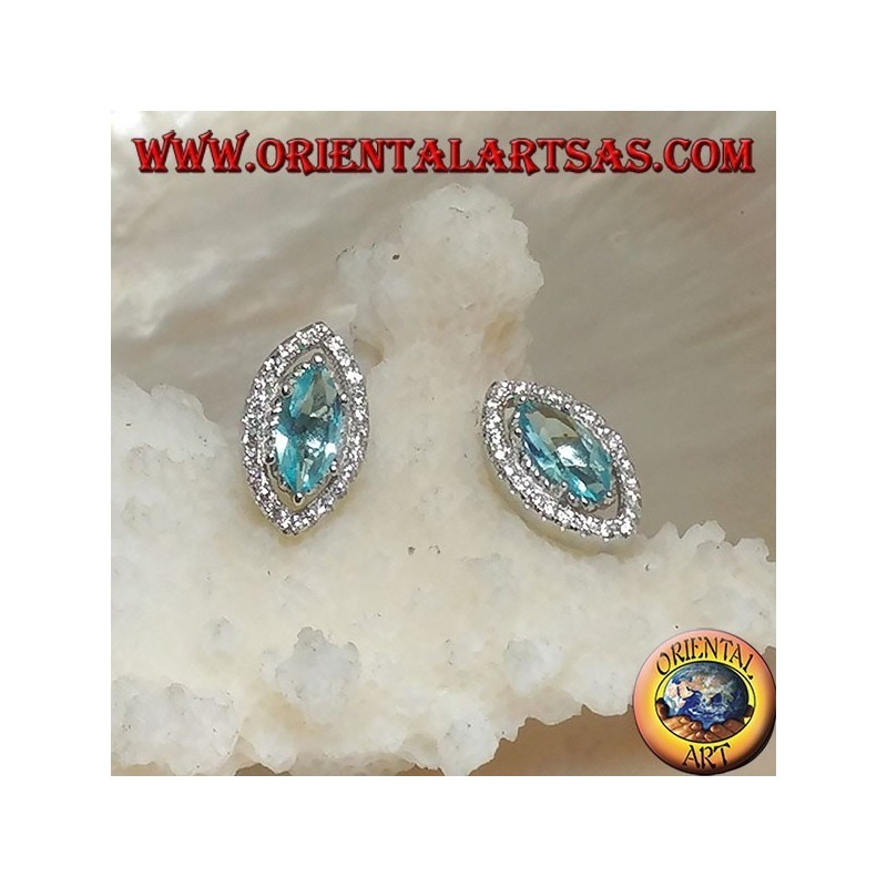 Lobe shuttle silver earrings with natural blue topaz set surrounded by zircons