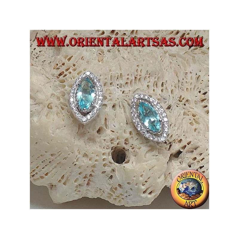 Lobe shuttle silver earrings with natural blue topaz set surrounded by zircons