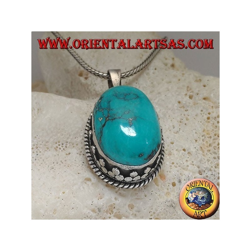 Pendentif en Argent avec Turquoise Naturel Tibétain (Large)