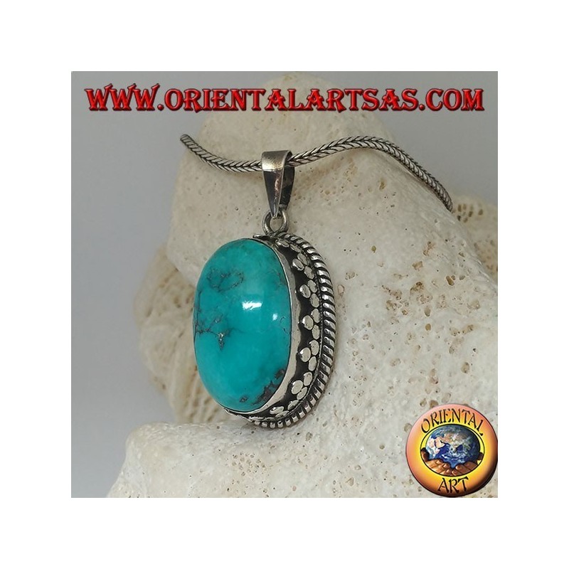 Pendentif en Argent avec Turquoise Naturel Tibétain (Large)