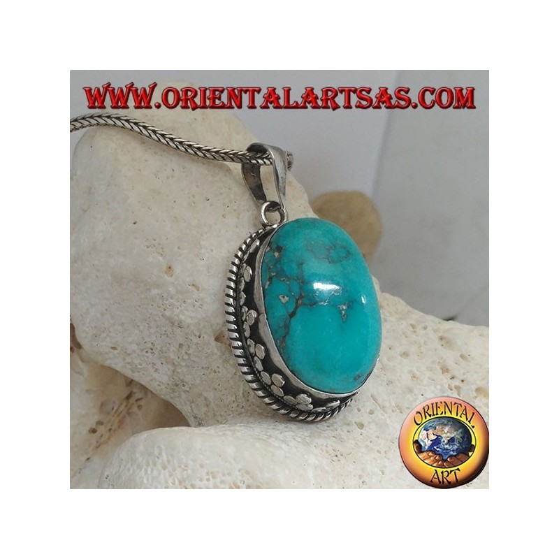 Pendentif en Argent avec Turquoise Naturel Tibétain (Large)